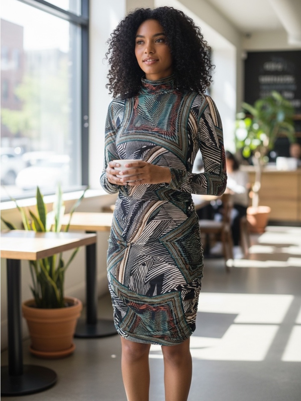 Monaco Long Sleeve Ruched Turtleneck Dress